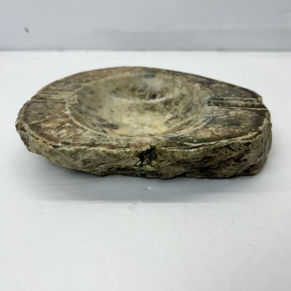 Vintage Alabaster Hand Carved Ashtray Ruff Edge Italy Green Brown Tan Rustic - Picture 4 of 12